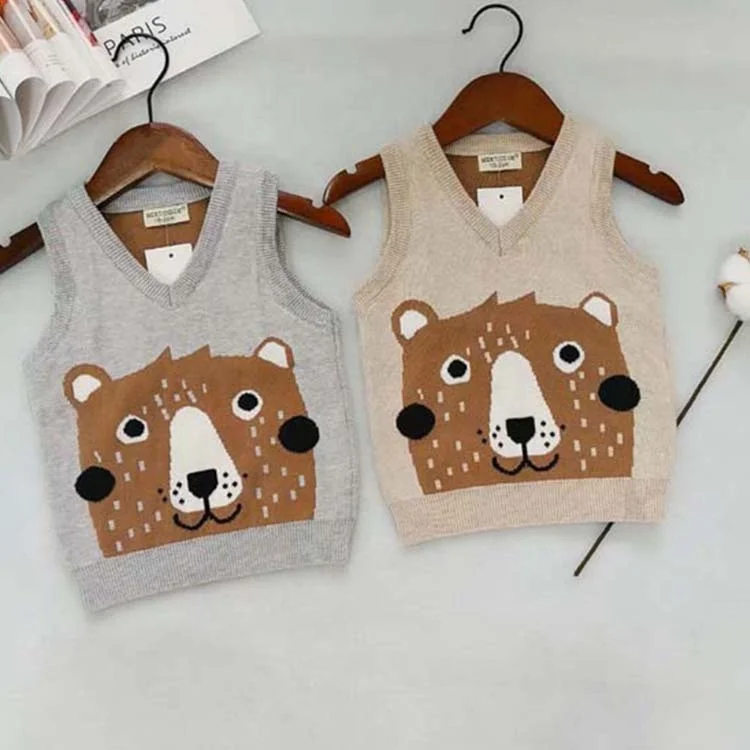 New arrival kids fall round neck cute cartoon bear sweater vest