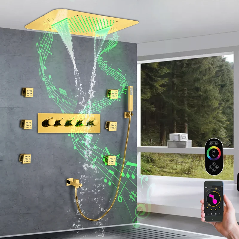 Ceiling Embedded 580*380mm LED Shower Head With Music Speaker Gold Thermostatic Shower Faucet Set