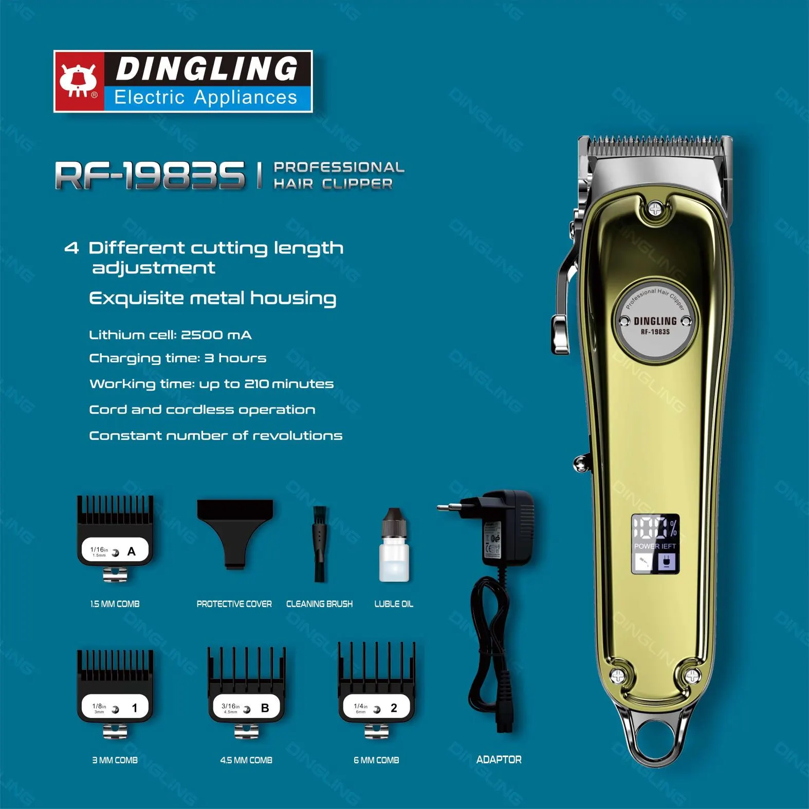 DINGLING Free Sample Lcd Display Golden Barbers Cutting Rechargeable Cordless Men Electric Trimmer Professional Hair Clippers