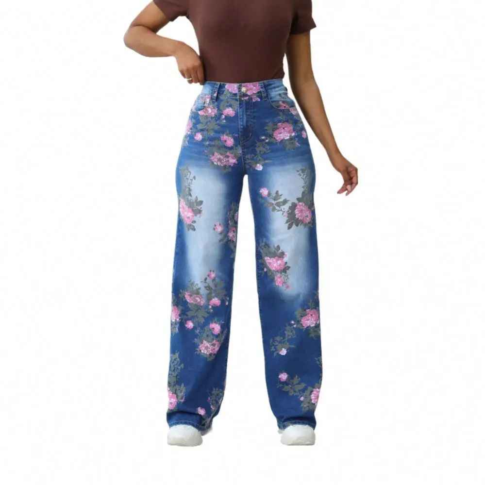 2024 HO Trendy Printed Plus Size Wide Leg Pants Jeans