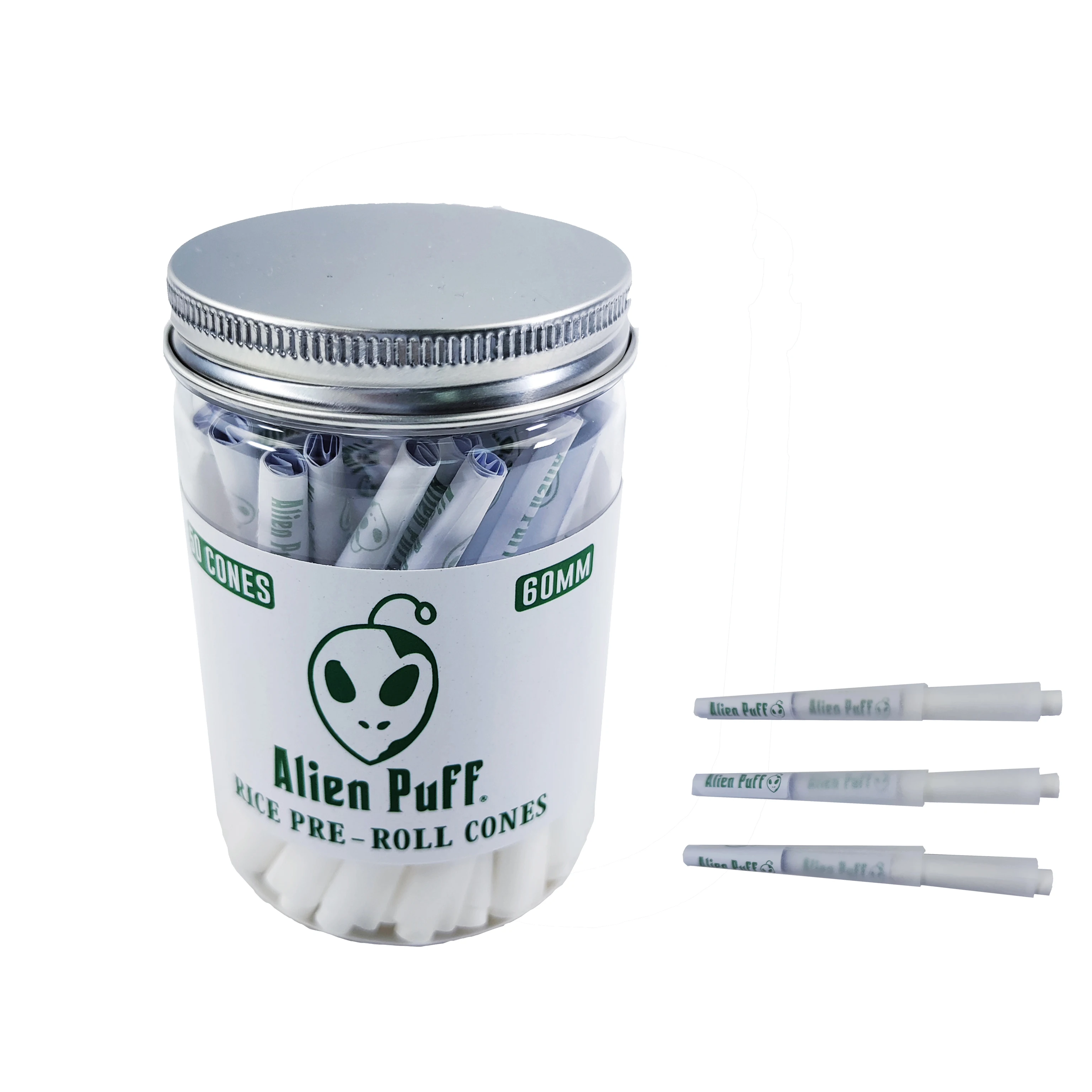 Alien Puff 60mm Rolled White Paper 50 Cones per Jar Smoking Rolling Paper Custom OEM Cones
