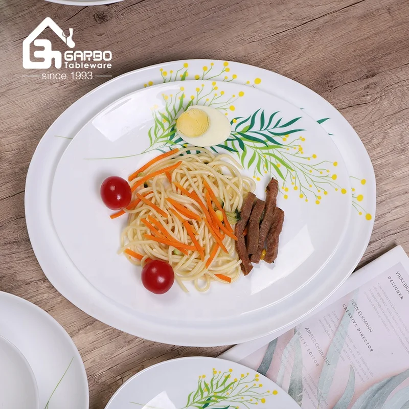 Manufacturer opal glass dinnerware set with decal and heat resistant luxury dinner set with 9inch opal glass  plate and bowl set