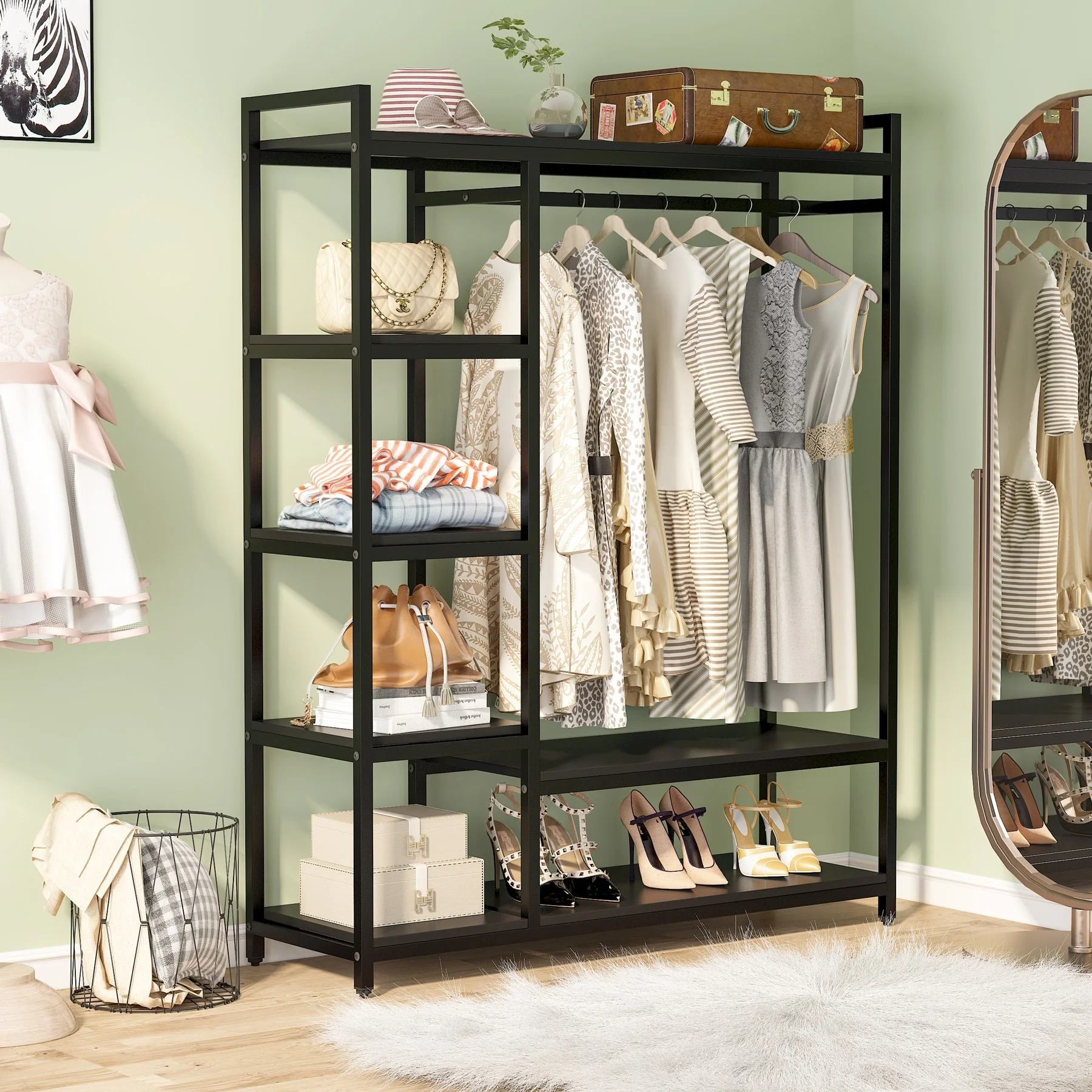 Tribesigns Wooden Black Wardrobe Metal Frame Garment Clothing Rack with Shelves and Hanging Rod for Home