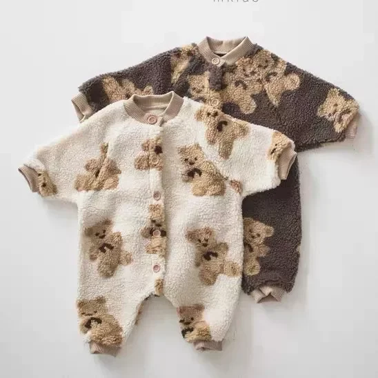 Winter Baby Bear Printing Velvet Romper Baby Lamb Wool Long Sleeve Romper Newborn Baby Boy Romper (1600509400040)