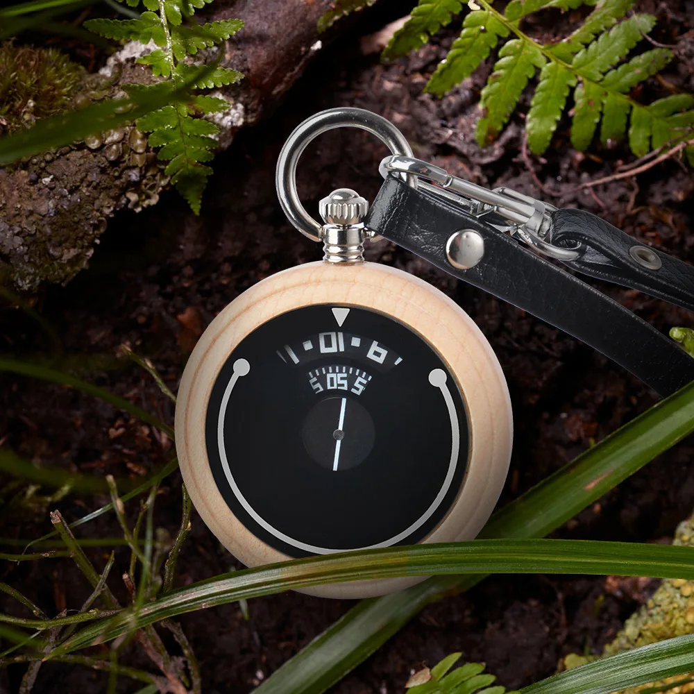 New Fashion Wholesale Quartz Movement Wristwatch Men Rounded Wooden Case Custom Made Pocket Watch With Leather Strap