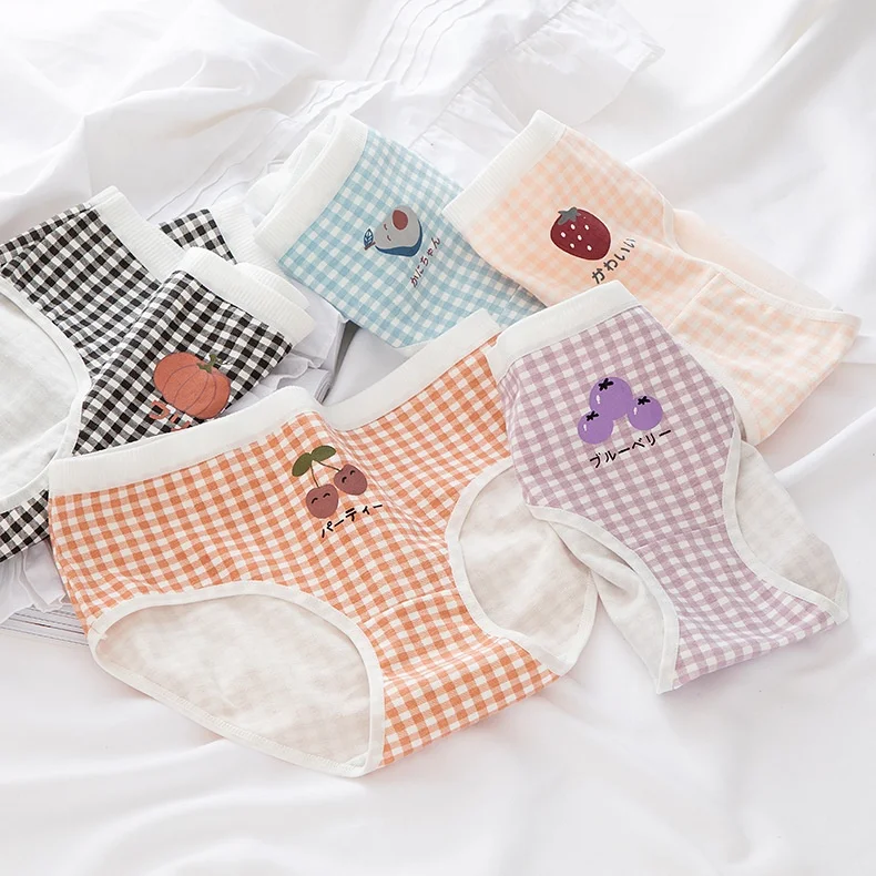 
1752 New style Girls Breathable Fruit print Cute Plaid Cotton Underwear Panties 