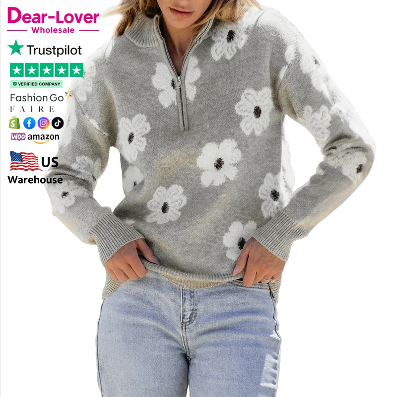 Dear-Lover OEM ODM Wholesale High Quality Winter Floral Pattern Drop Shoulder Cute Knit Half Zip Sweater For Women