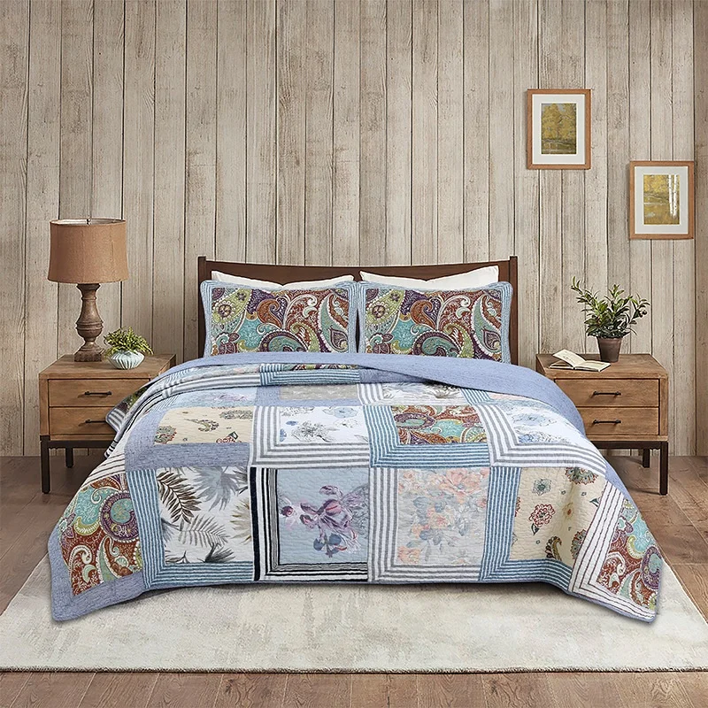 New American 100% cotton Korean bed cover air conditioner quilt 3pcs printed patchwork quilted quilt