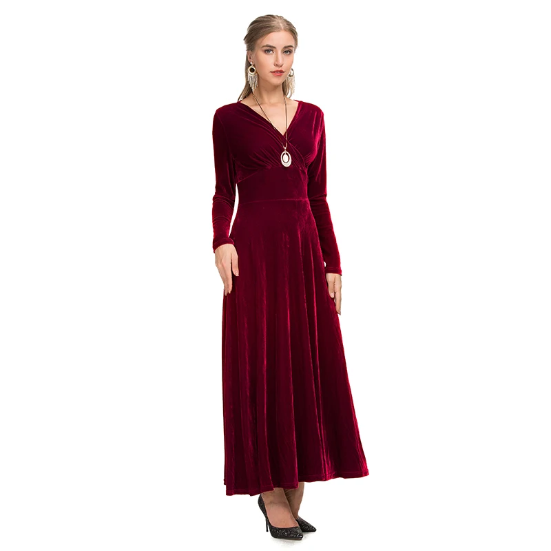 Winter hot sale elegant women party long sleeve sexy V neck velvet fabric evening maxi dress