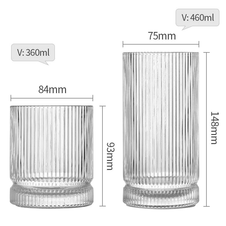 12 Pcs Ribbed Glass Cup Vintage Glassware Clear Cocktail Drinking Glasses Set Highball Glass Ripple Bar Beverages Ice Coffee Cup