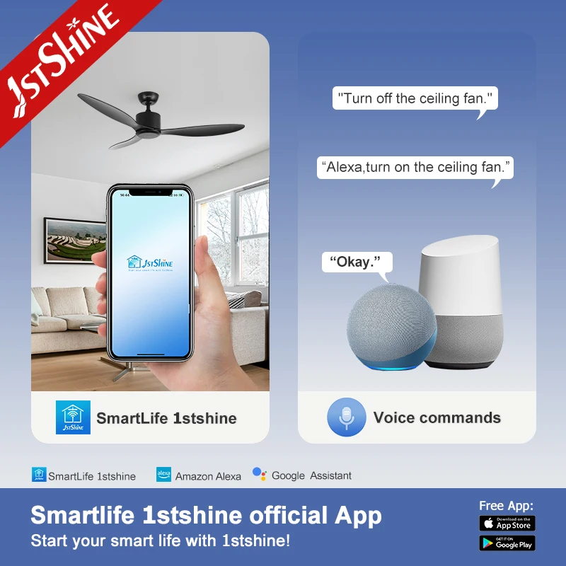 1stshine ceiling fan 52 inch 3 blade wood blades app control black ceiling fan