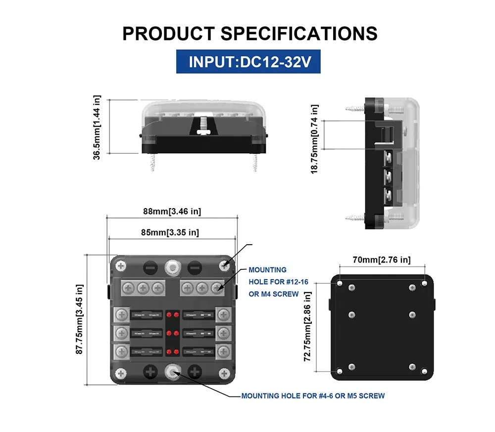 Panel Mount 6 Way ATC ATO Blade Fuse Block with Negative