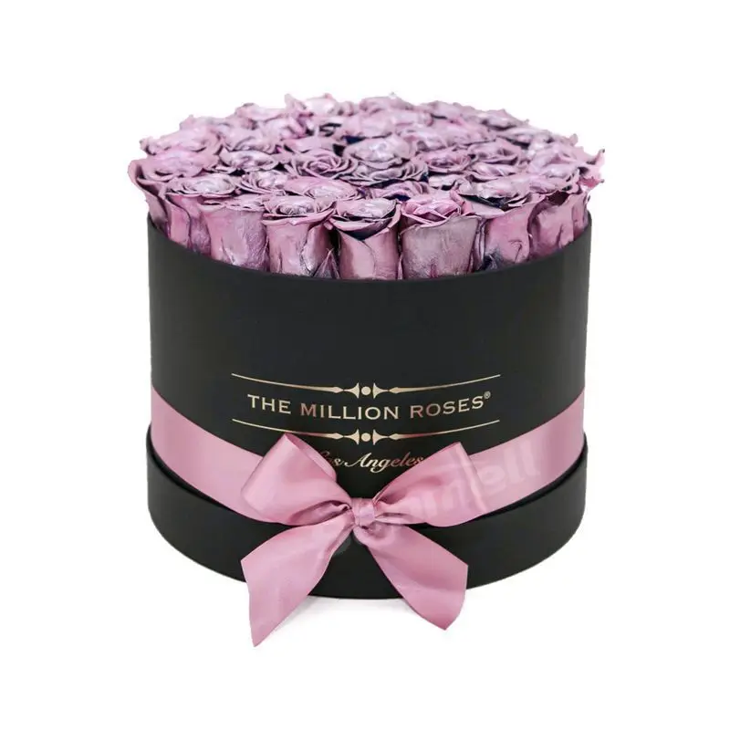 Luxury Gold Foil Roses Flower Packing Box Custom Logo Round Black Cylinder Flower Packaging Boxes For Gifts