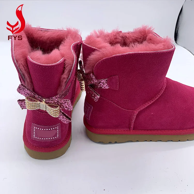 Custom logo warm soft fashion winter ankle kids fur boots bows bling bling snow boots for women