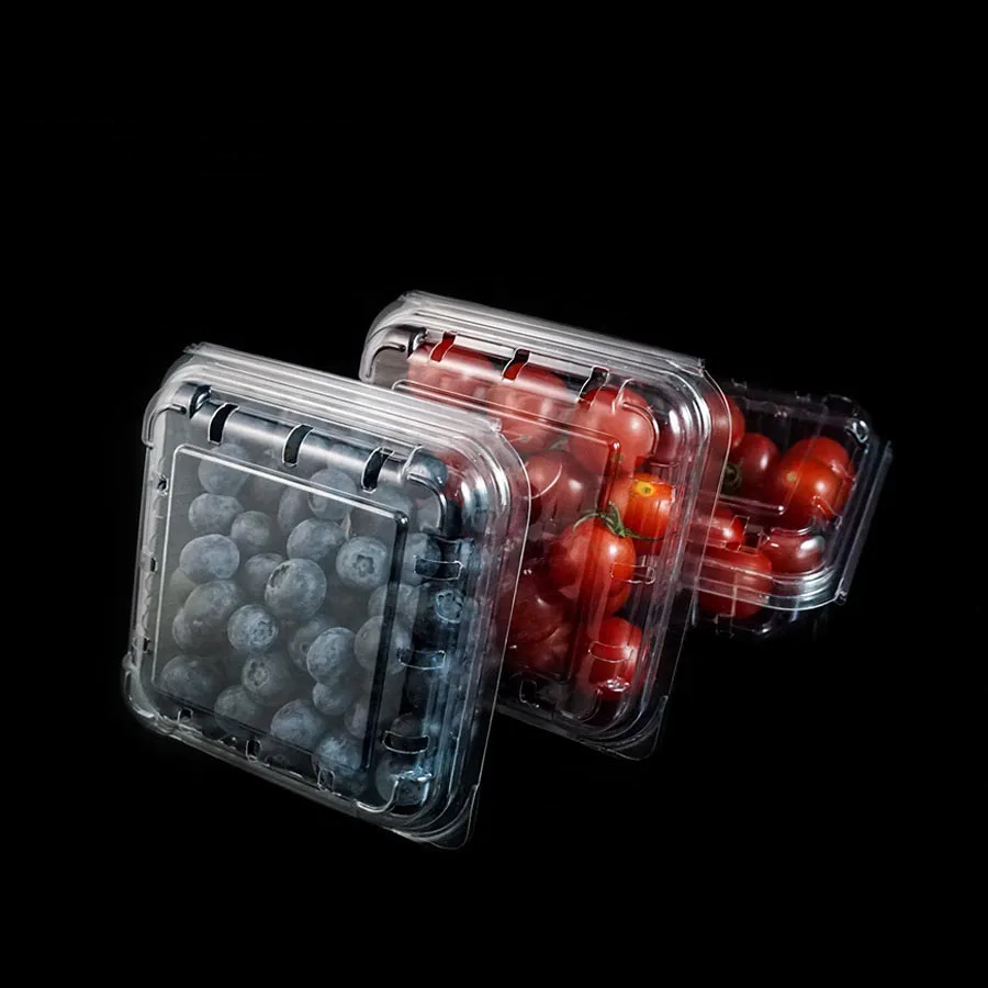 Custom clear transparent food container PET  plastic clamshell vegetable fruit packaging box for grape lychee cherry