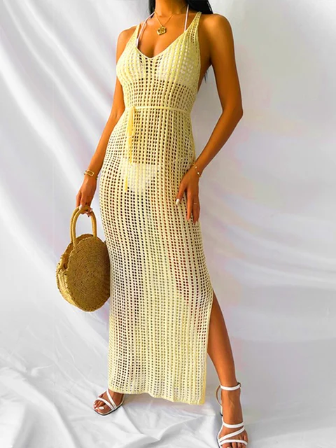 Cover Up Bathing Suit Off Crochet Tunic Knitted Kaftan Hollow Out Robe Long Beach Dress Slit Outer Cover Women Cover-ups Swim