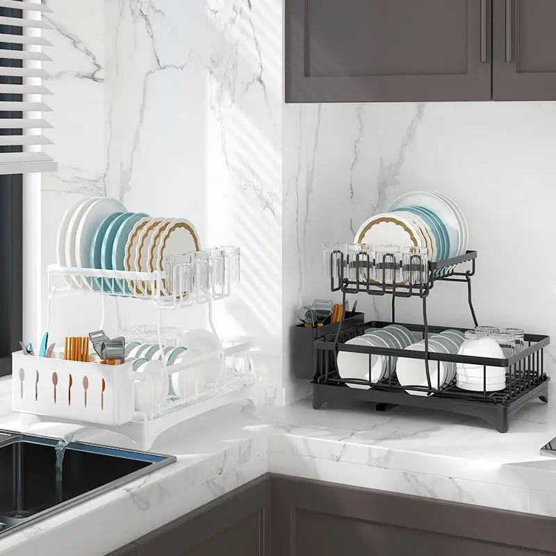 2 Tier Dish Drying Rack Cutlery Drainer Dish Storage Holder Detachable Multifunction Countertop Kitchen Dish Rack Drainer