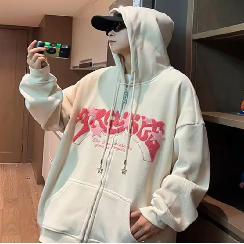 Y2K Zip Up Hoodie For Women Men Letter Star Graphic Print Hooded Corduroy Sweatshirt Jacket High Quality Embroidery Hoodie