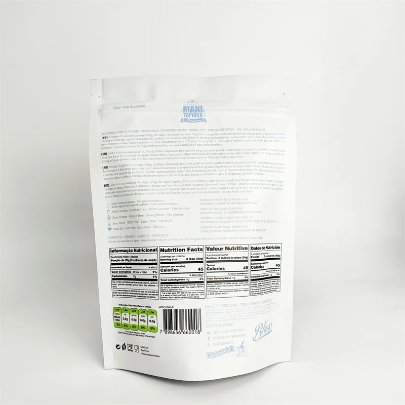 Resealable matte finished plastic one side aluminum foil mylar stand up zipper 500g tapioca powder bag with window