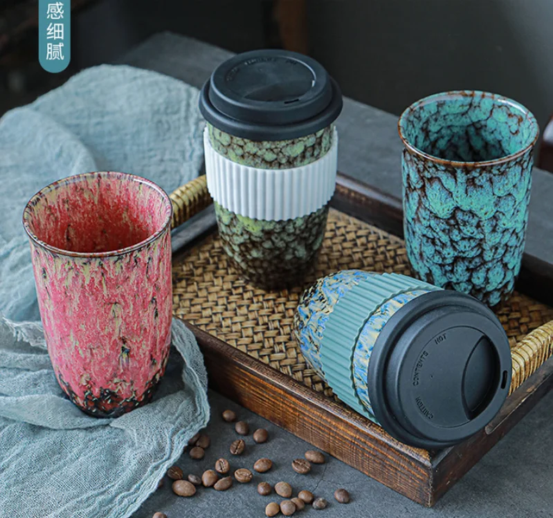 Ceramic Reactive Red Mug with Splash Proof Lid Large Coffee Mug Water Bottle Ceramic Travel Mug Coffee Cup