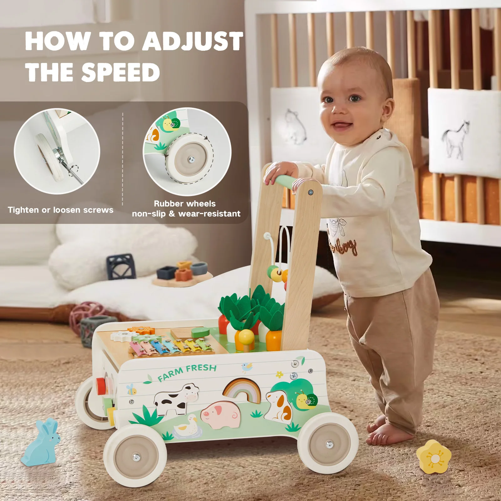 Anti-Rollover Puzzle Shape Paired Toy Wooden Baby Walker Multi-Functional Farm Toddler Stroller For Children