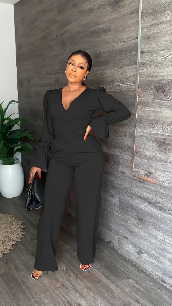 BOBOYU fall 2022 new arrivals elegant two piece pants set flare sleeve v neck crop top women wide leg pants classy two piece set