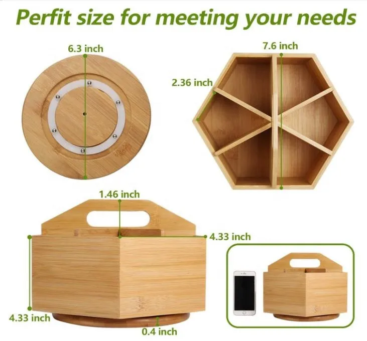 Eco-friendly Bamboo Rotating Pencil Holder with 6 Compartments Bamboo Wooden desk organizer