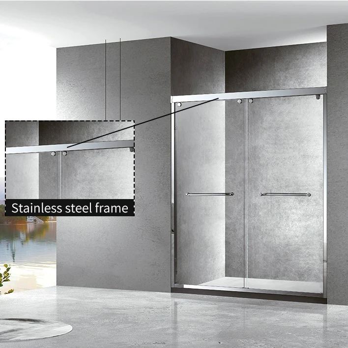 Modern Rectangle Shape Antirust Metal Framed Bathroom Bypass Tempered Glass Sliding Shower Door With Aluminum Handle