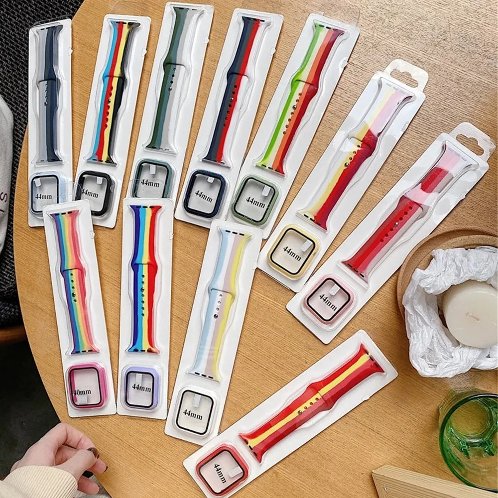 Rainbow Silicone Replacement Watch Strap + Case For Apple Watch Integrated Strap Case 41mm 45mm Rubber Band iWatch Series 7