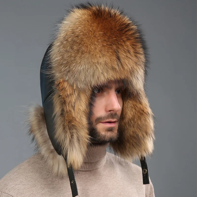 2021 mr & mrs furs Silver Fox Fur Russian Ushanka Hat For Man And Women Black Leather Earflap Tropper Hat With Silver Fox Fur