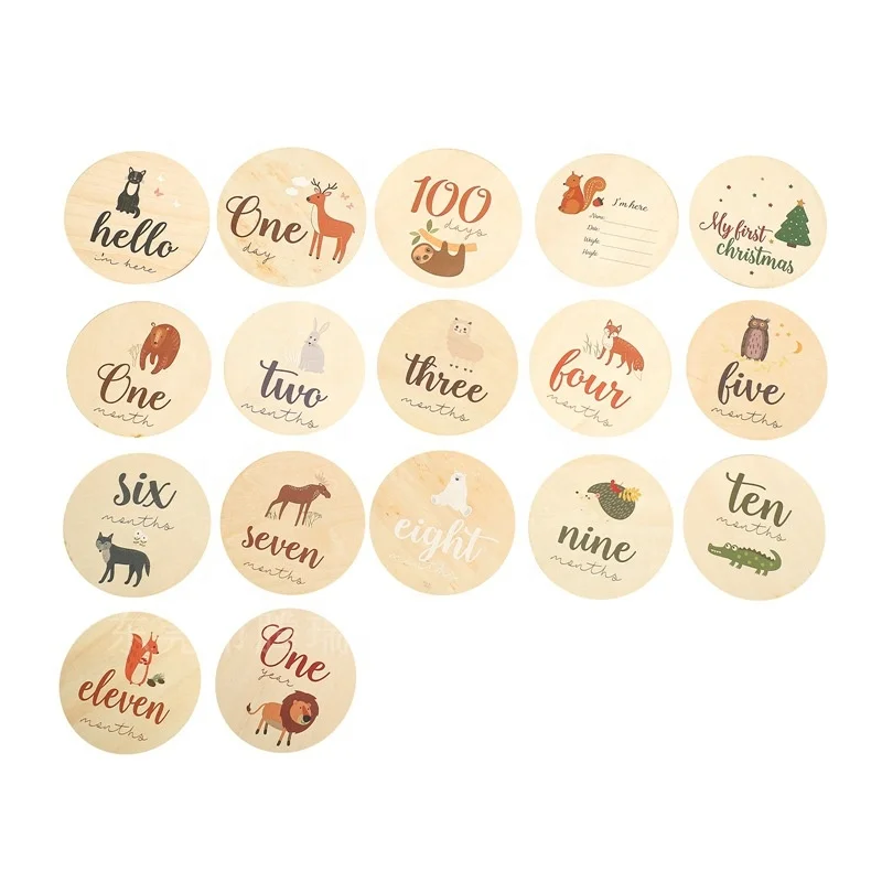 Customization 17 Pcs/Set Wooden Animal Patterns Milestone for Newborn Baby Gift Set with Cute Animal Baby Announcement Discs