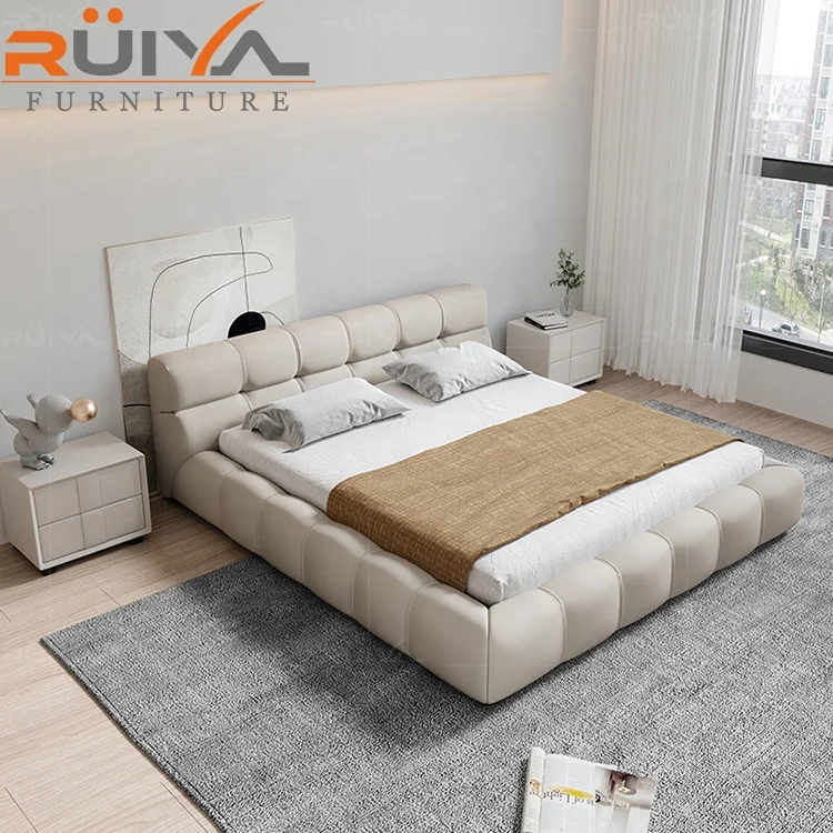 Modern Luxury Upholstered puff design white leather bed set low white leather bed headboard