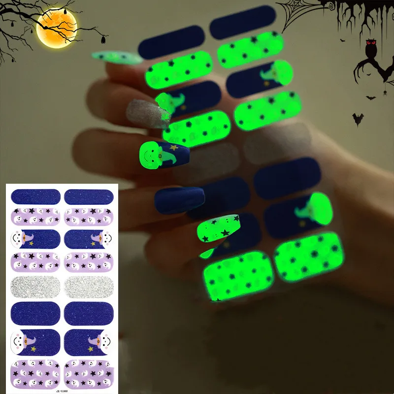 luminous self adhesive halloween luxury waterproof semi cured decal gel nail stickers wraps uv