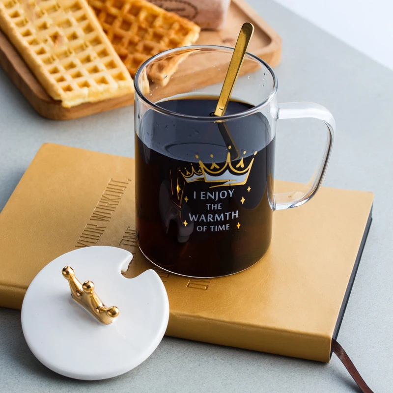 Новый дизайн стеклянная чашка Crown для питья кофе с ложкой