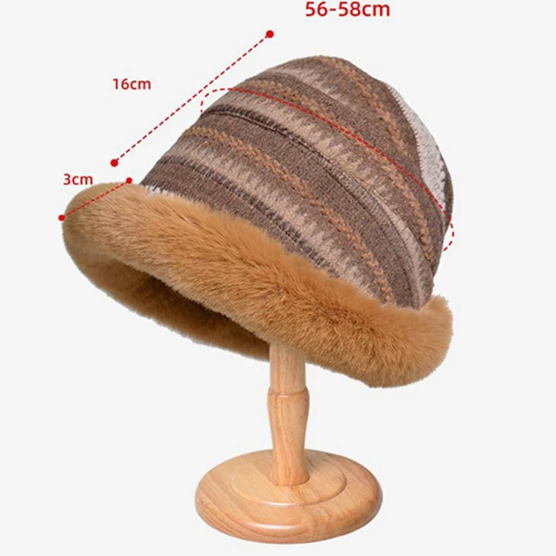FF1851 Striped Women Fleece Lined Skull Cap Fluffy Furry Winter Fisherman Cap Warm Winter Faux Fur Fuzzy Bucket Hat