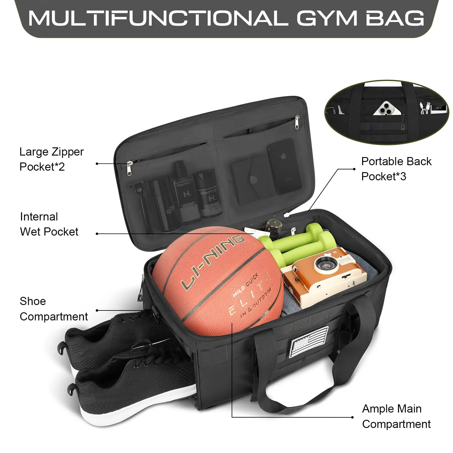 3 in 1 Carry on Travel Backpack Men Tactical Duffle Gym Bag Weekender Overnight Range Bag with Wet Pocket