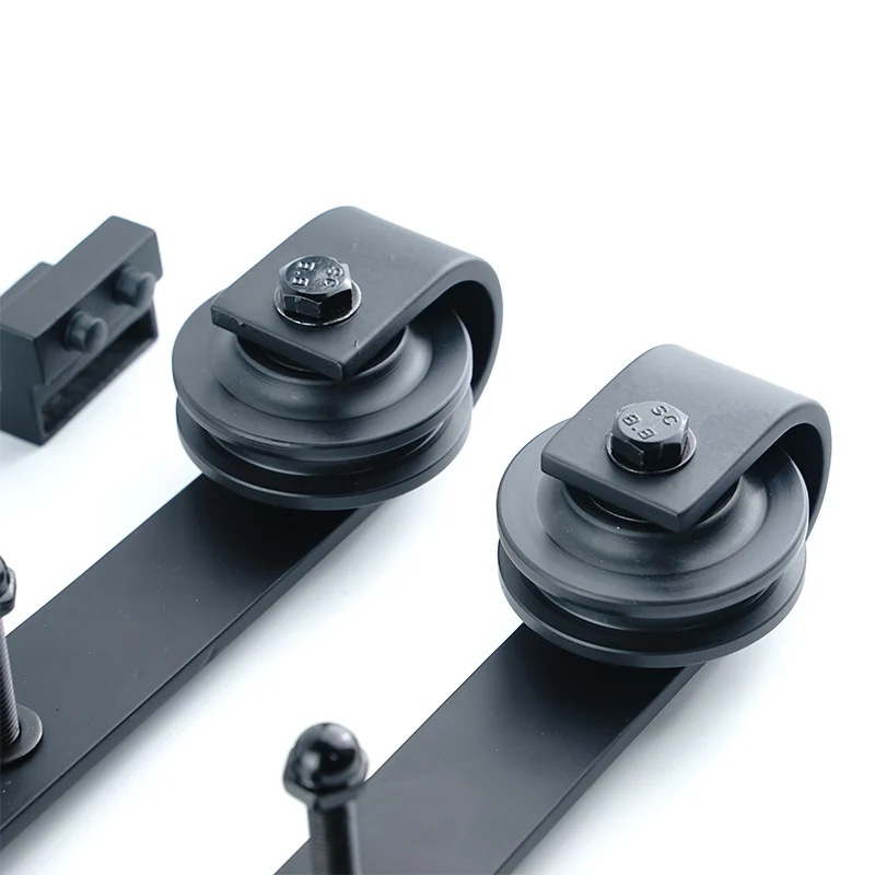 Heavy Duty Frameless Barn Door Hardware Basic Black Vertical Spoke Wheel Roller Kit Single Wood Sliding Barn Door Hardware Kit