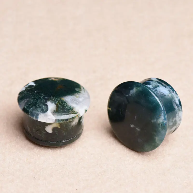 Wholesale Best Quality Beautiful natural stone moss agate single flare plug with groove Body Jewelry Ear Plugs Earplugs Piercing