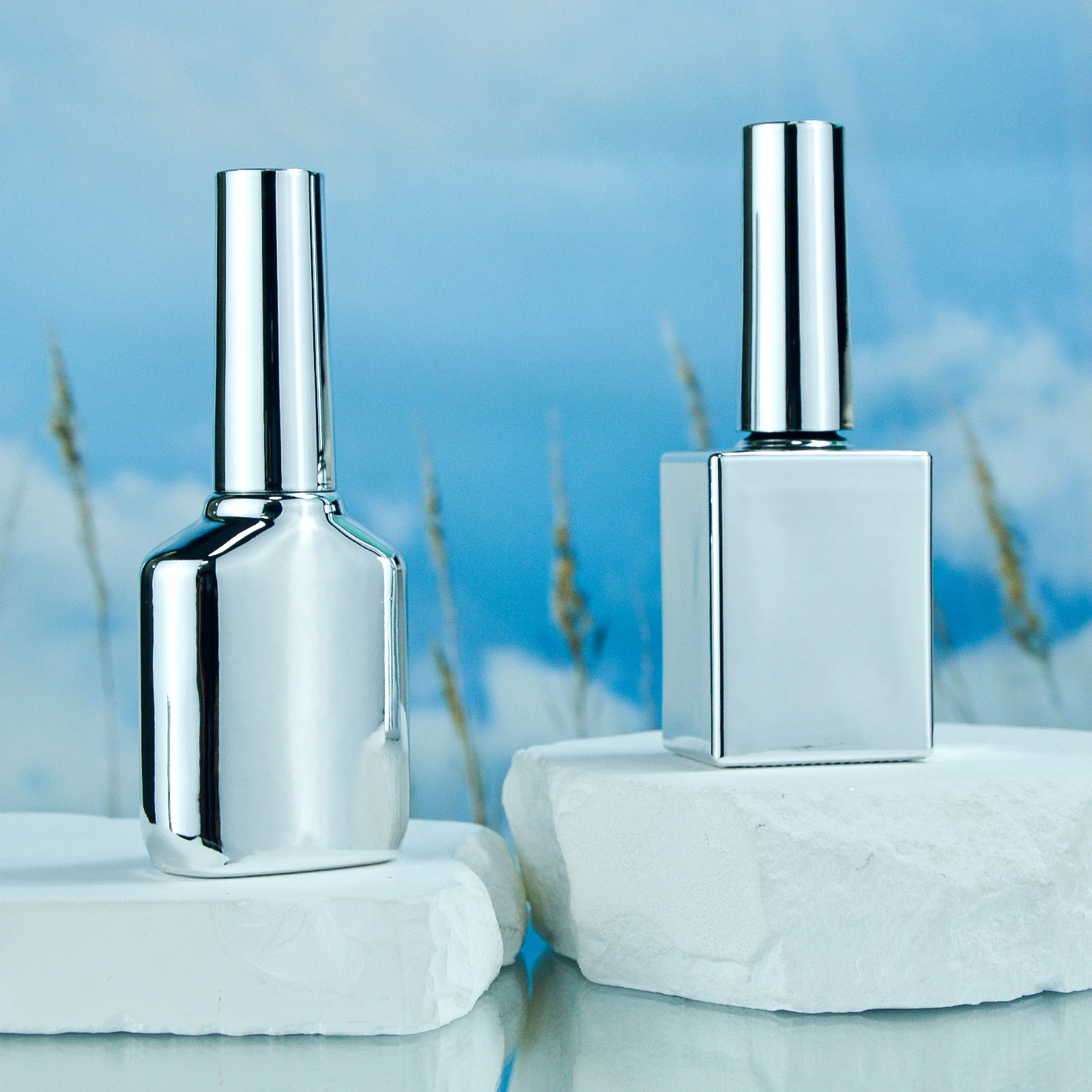 Luxury Stock Silver Empty Nail Polish Bottle For Top Coat Electroplate Uv Gel Nail Polish Glass Bottle With Silver Cap Brush