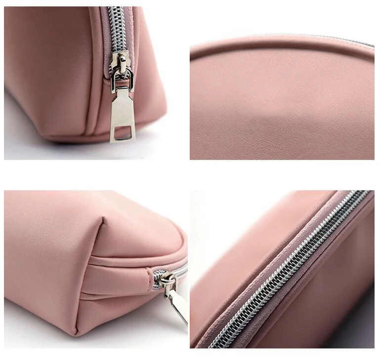 custom popular half round makeup cosmetic pouch travel lipstick eyeshadow organizer waterproof pu leather shell pink make up bag