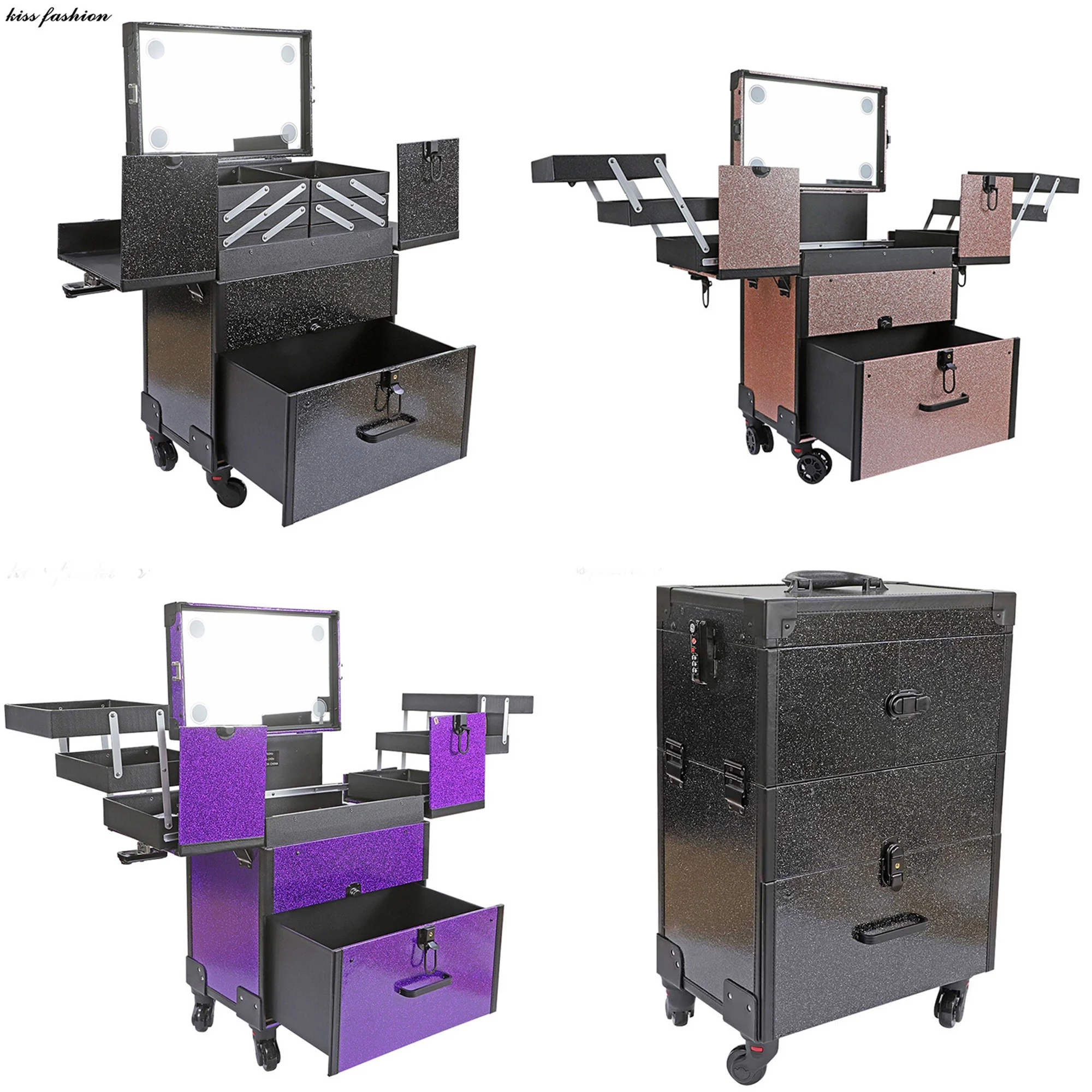 4-WHEELS LEATHERETTE PROFESSIONAL COOL LED LIGHT ROLLING STUDIO MAKEUP CASE WITH EXPANDABLE TRAYS, DRAWERS AND MIRROR