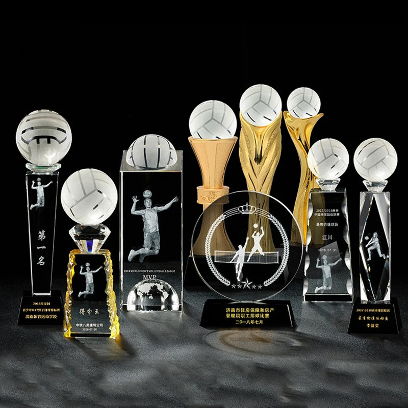 Custom made champion 3d male figures Award cup sport trophy blank sublimation glass crystal volleyball trophy for souvenir gift