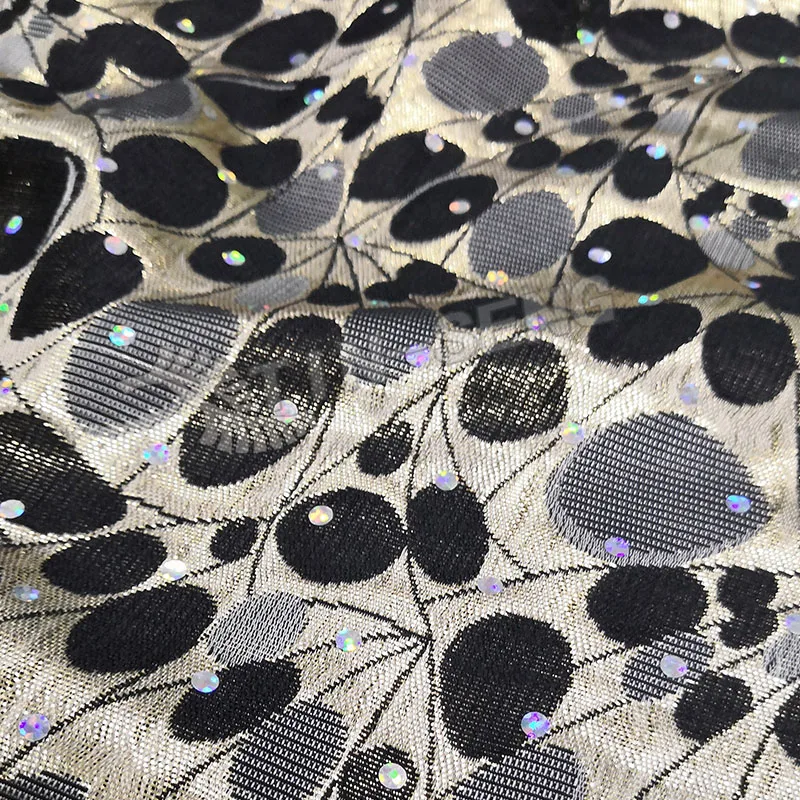 Black Gold Brocade Fabric with Shiny sequins for home Upholster