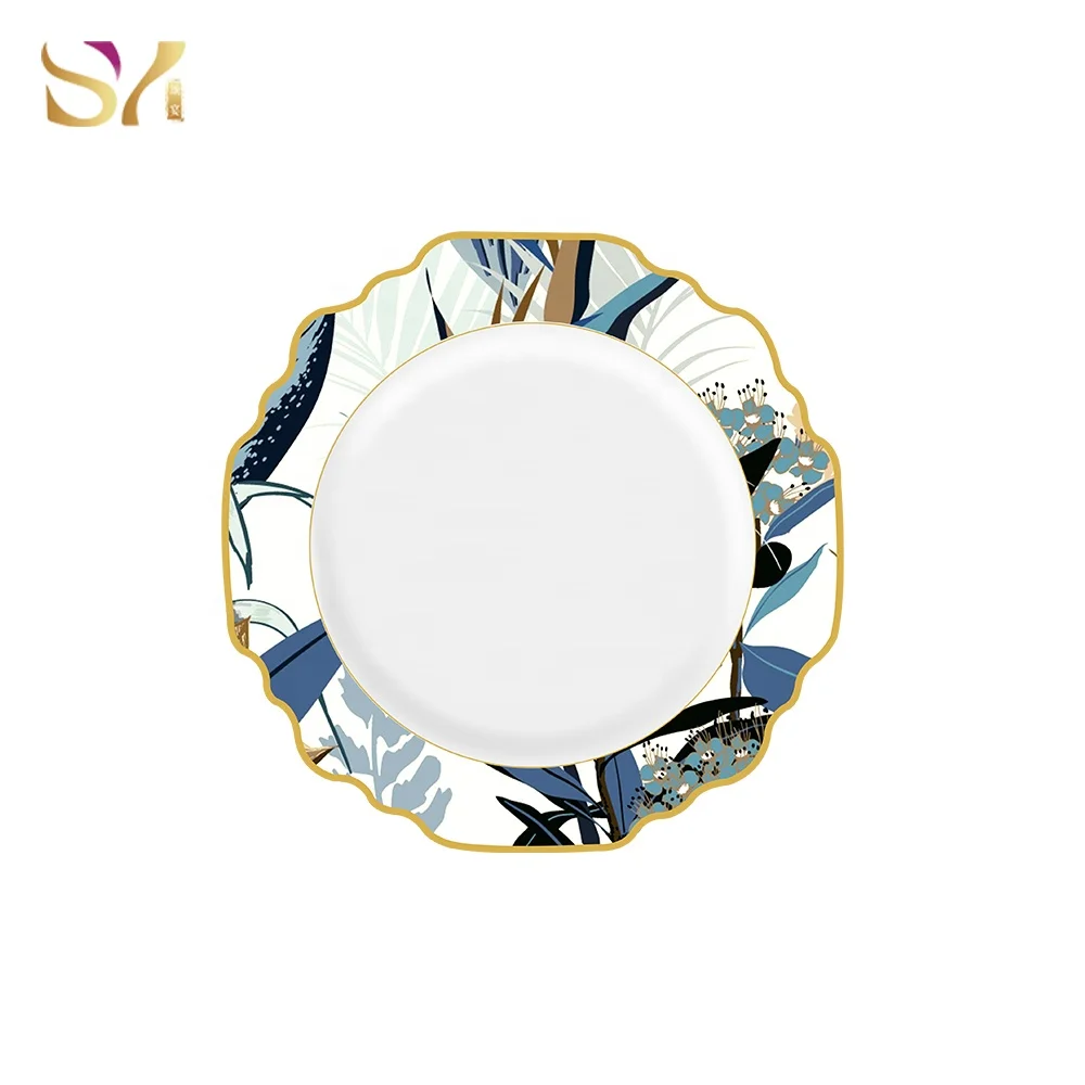 New Arrival Antique Cheap Blue Charger Plates Porcelain  4pcs Plate Set With Gold Rim