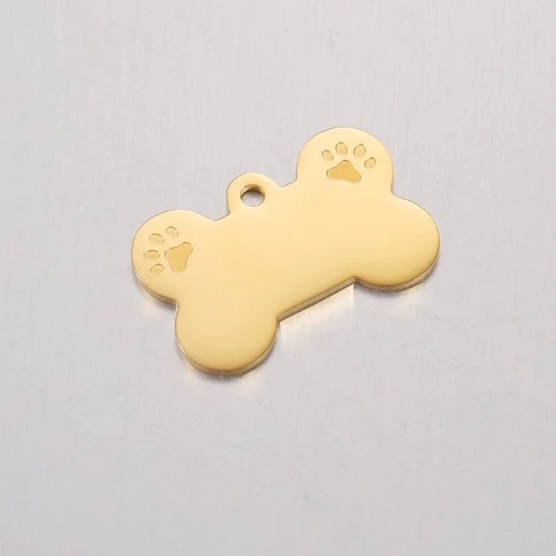 2023 mirror polishing gold stainless steel dog paw pendant accessories engravable logo dog bone shape pendant for keychain
