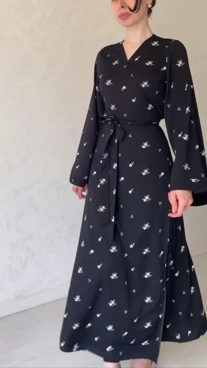 Dubai Turkish Spring Summer Party Printed Dress Islamic Clothing Middle Eastern Modern V-Neck Floral Soft Tie Belt Robe 7224