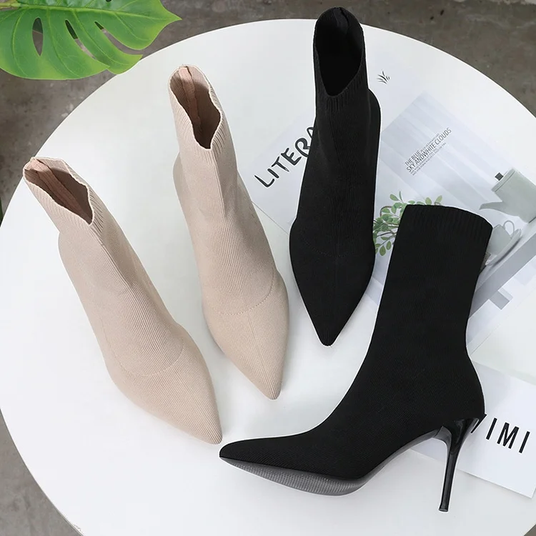 
2020 Winter Fashion Black Beige Elastic Pointed Toe Ankle Boots High Heels Sexy Sock Boot Women 