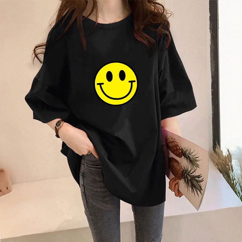 New 2022 Oem Printing O Neck Short Sleeve Top Woman Smiley Clothing Loose Large Size Smile Face T Shirt Tee For Women