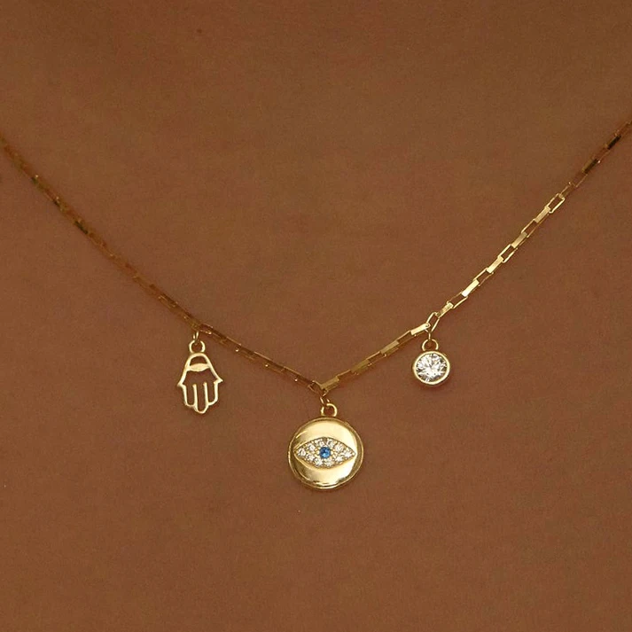 925 Silver Women Jewelry Gold Plated 14K Fatima Evil Eye Hamsa Hand Charm Necklace