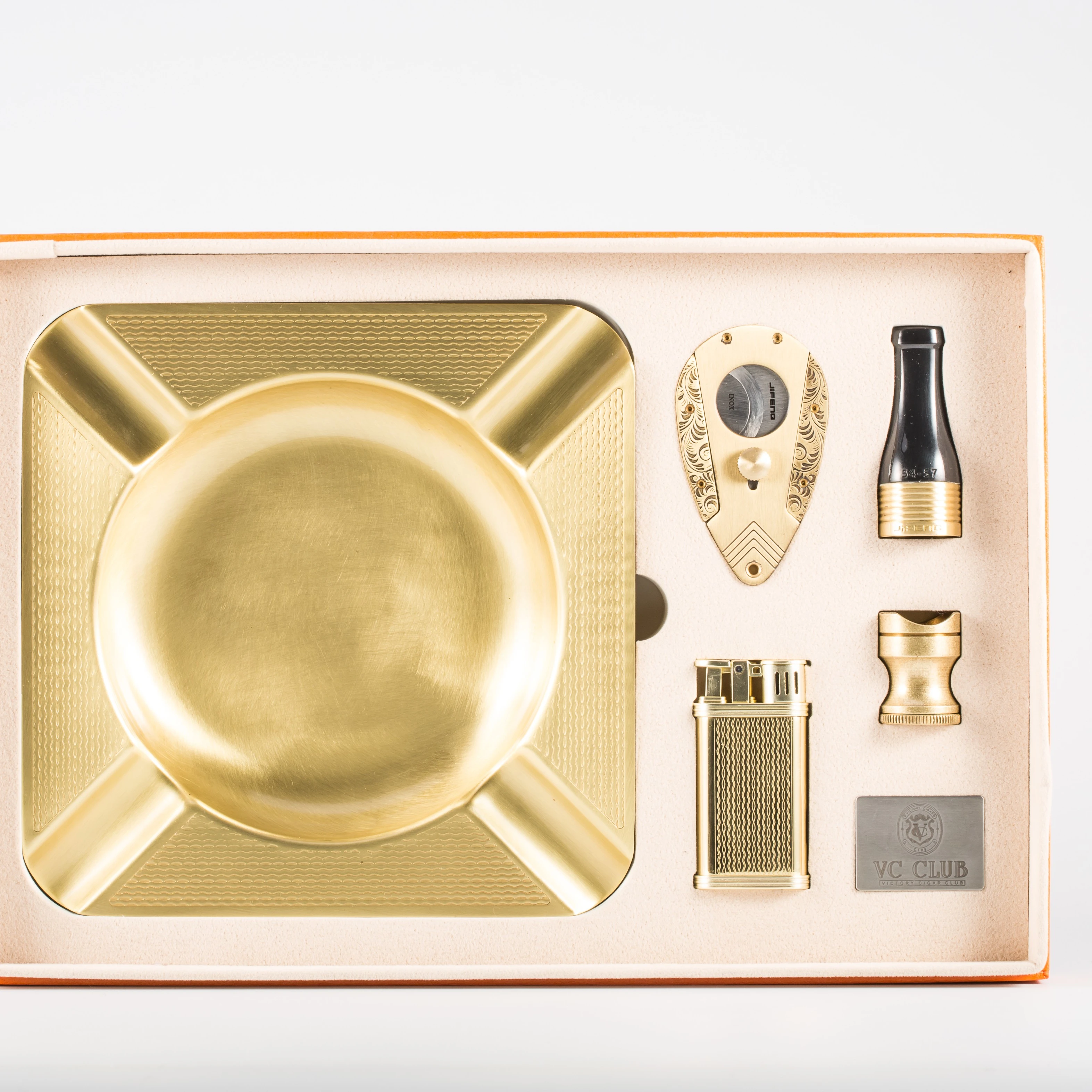 Cigar Tool Presidential Set Plain Brass Scissors Ashtray Cigar Cutter Stick Tube Lighter Cadeau Six-piece Gift Box For Cigar
